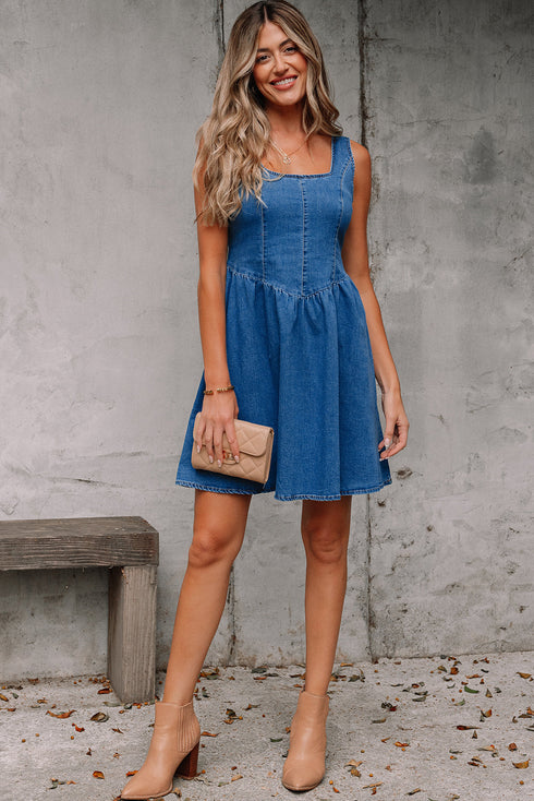 Sleeveless V Back Tie Bow Detail Fit And Flare Denim Mini Dress