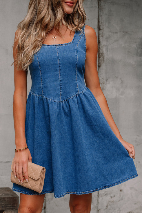 Sleeveless V Back Tie Bow Detail Fit And Flare Denim Mini Dress