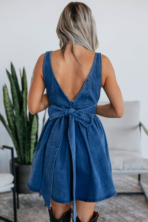 Sleeveless V Back Tie Bow Detail Fit And Flare Denim Mini Dress