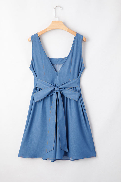 Sleeveless V Back Tie Waist Chambray Style Fit And Flare Mini Dress