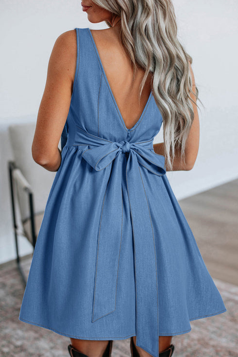 Sleeveless V Back Tie Waist Chambray Style Fit And Flare Mini Dress