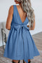 Sleeveless V Back Tie Waist Chambray Style Fit And Flare Mini Dress