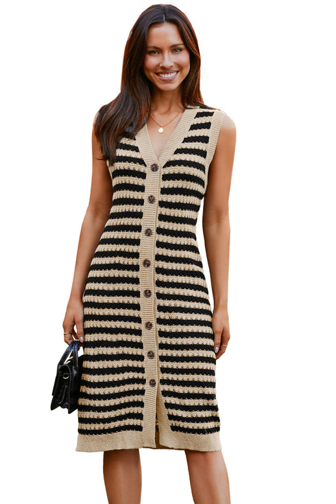 Sleeveless V Neck Button Front Textured Knit Dress