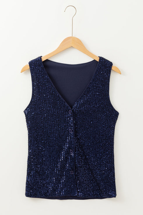 Sleeveless V Neck Sequin Button Down Statement Vest