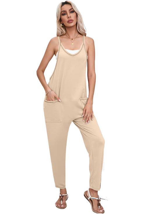 Sleeveless V Neck Side Pocket Harem Pant Jumpsuit