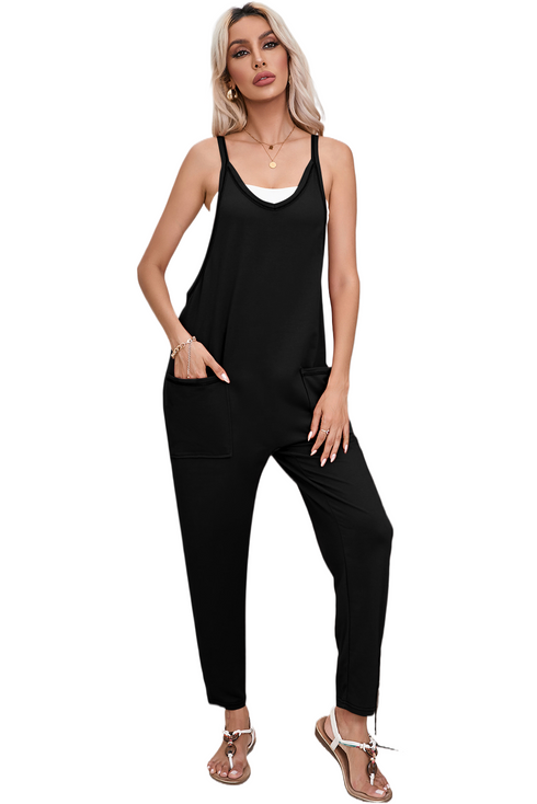 Sleeveless V Neck Side Pocket Harem Pant Jumpsuit