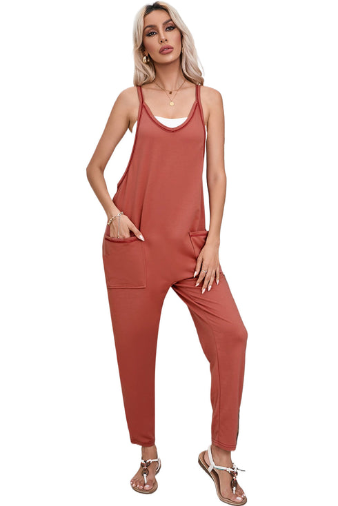 Sleeveless V Neck Side Pocket Harem Pant Jumpsuit