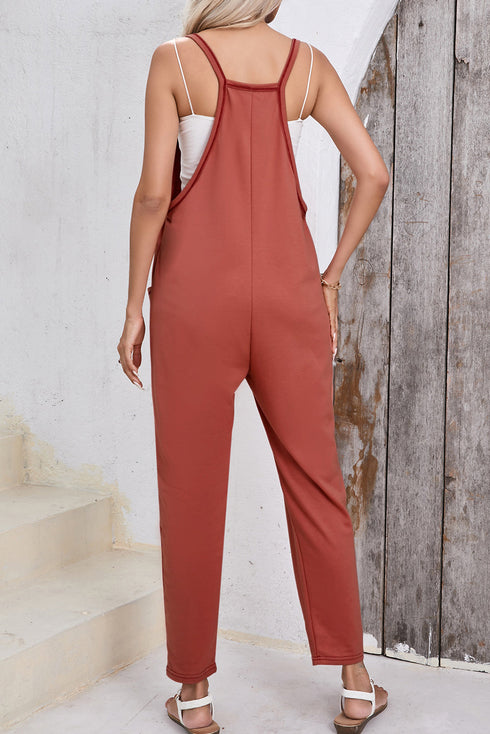 Sleeveless V Neck Side Pocket Harem Pant Jumpsuit