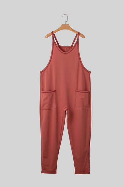 Sleeveless V Neck Side Pocket Harem Pant Jumpsuit