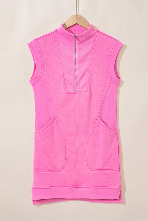 Sleeveless Zip Front Ribbed Texture Mini Dress