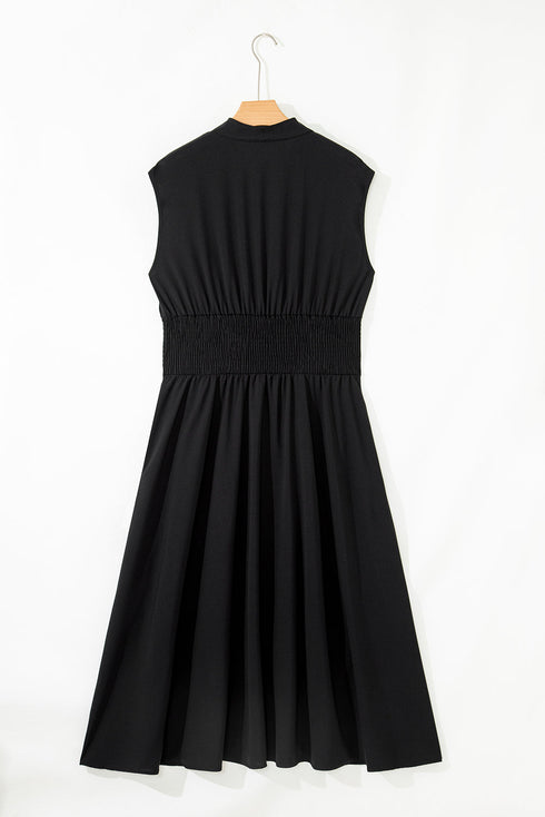 Sleeveless Zipped Front V Neck Smocked Waist Maxi Dress