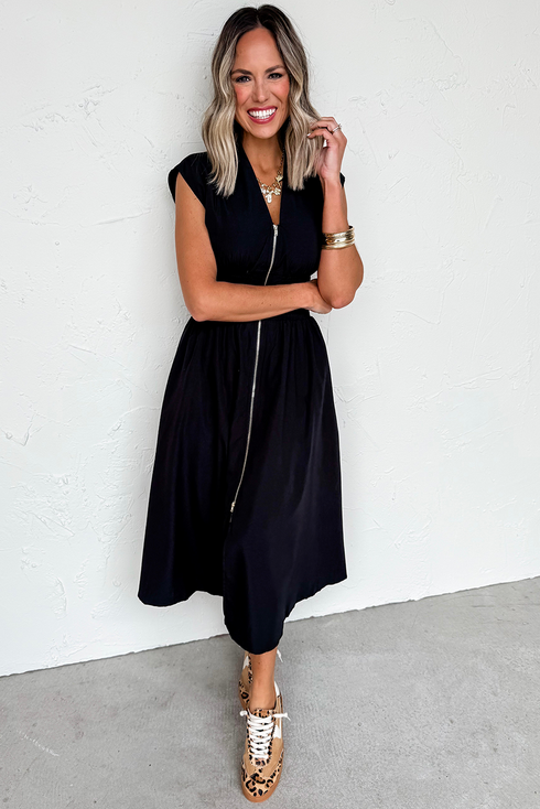Sleeveless Zipped Front V Neck Smocked Waist Maxi Dress