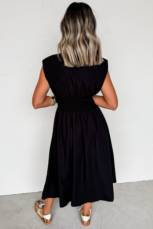 Sleeveless Zipped Front V Neck Smocked Waist Maxi Dress