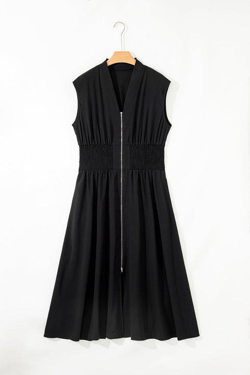 Sleeveless Zipped Front V Neck Smocked Waist Maxi Dress