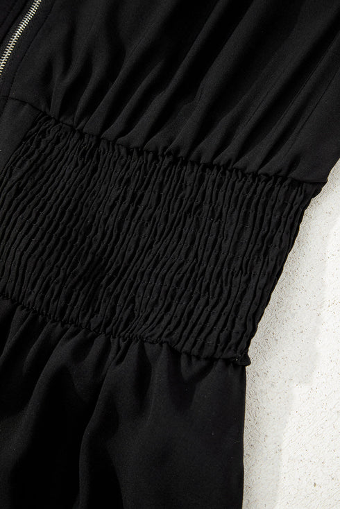 Sleeveless Zipped Front V Neck Smocked Waist Maxi Dress