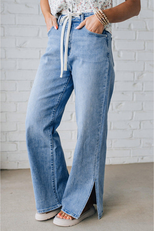 Slit Leg High Rise Drawstring Wide Leg Jeans