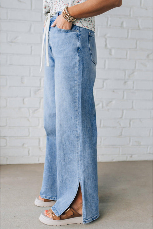 Slit Leg High Rise Drawstring Wide Leg Jeans