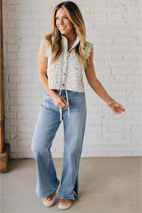 Slit Leg High Rise Drawstring Wide Leg Jeans