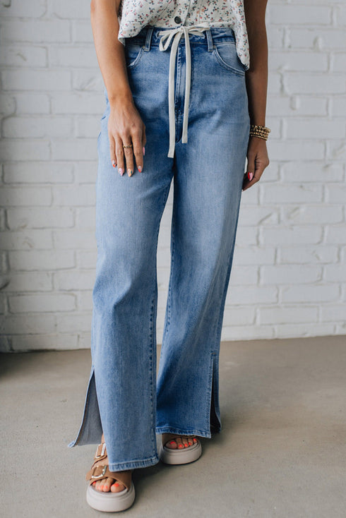 Slit Leg High Rise Drawstring Wide Leg Jeans
