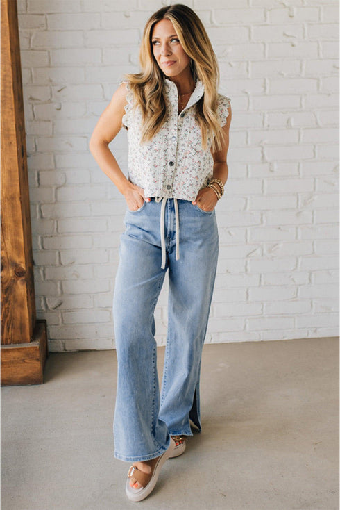 Slit Leg High Rise Drawstring Wide Leg Jeans