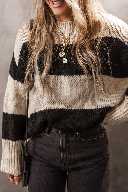 Slouchy Block Striped Chunky Knit Pullover Sweater