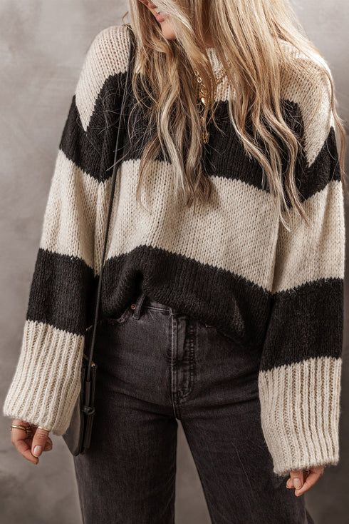 Slouchy Block Striped Chunky Knit Pullover Sweater