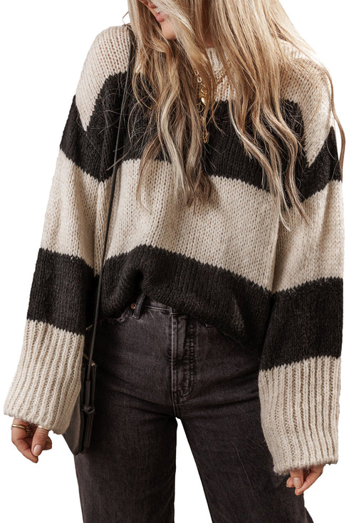 Slouchy Block Striped Chunky Knit Pullover Sweater