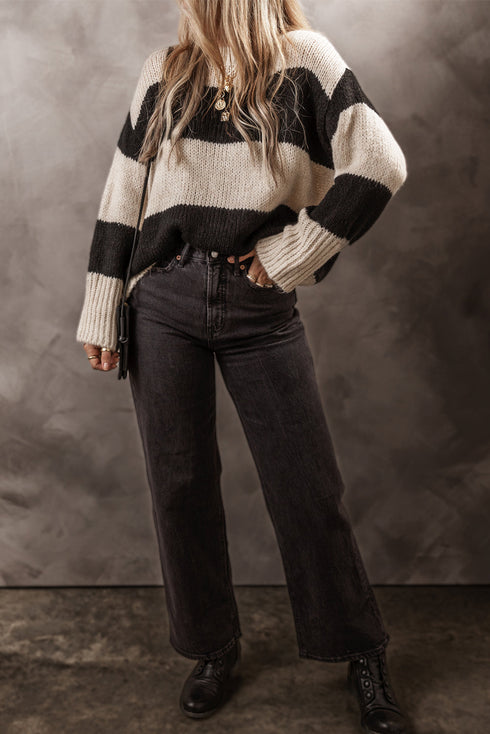 Slouchy Block Striped Chunky Knit Pullover Sweater