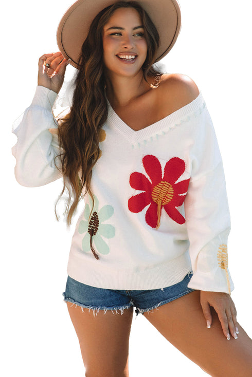 Slouchy Floral Knit V Neck Pullover Sweater
