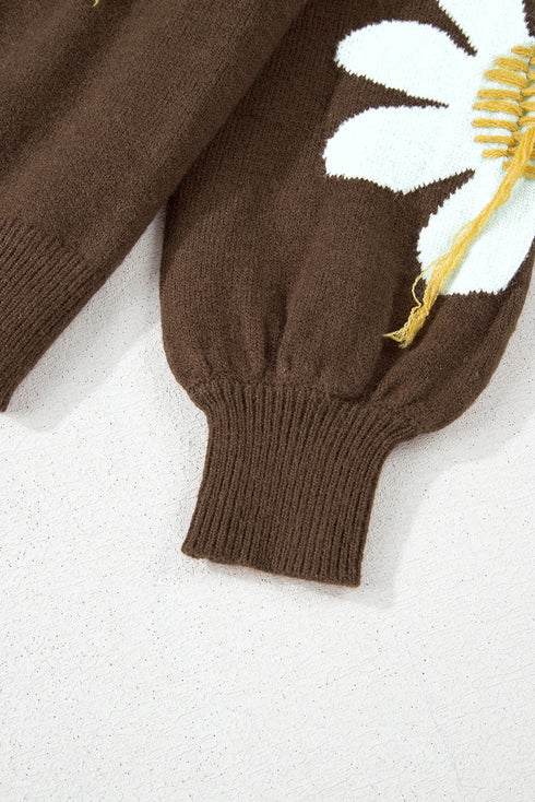Slouchy Floral Knit V Neck Pullover Sweater