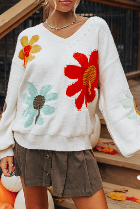 Slouchy Floral Knit V Neck Pullover Sweater