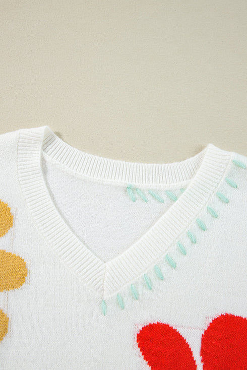 Slouchy Floral Knit V Neck Pullover Sweater