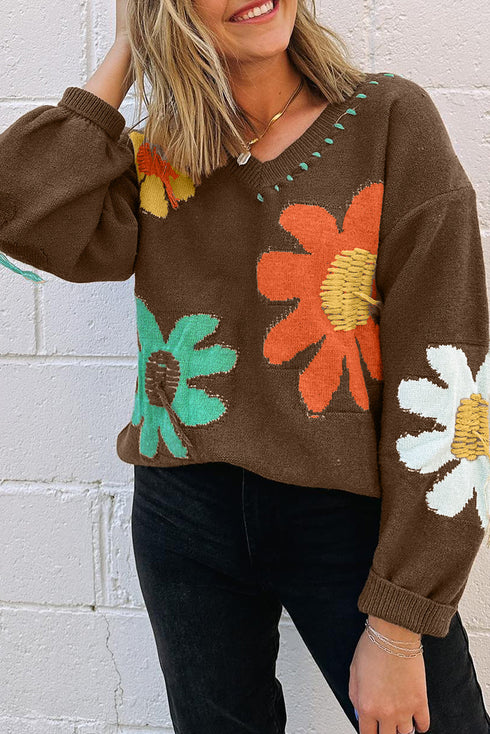 Slouchy Floral Knit V Neck Pullover Sweater