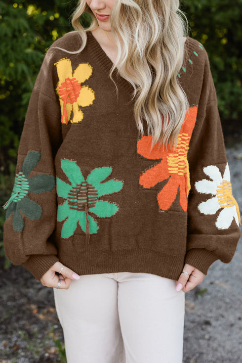 Slouchy Floral Knit V Neck Pullover Sweater