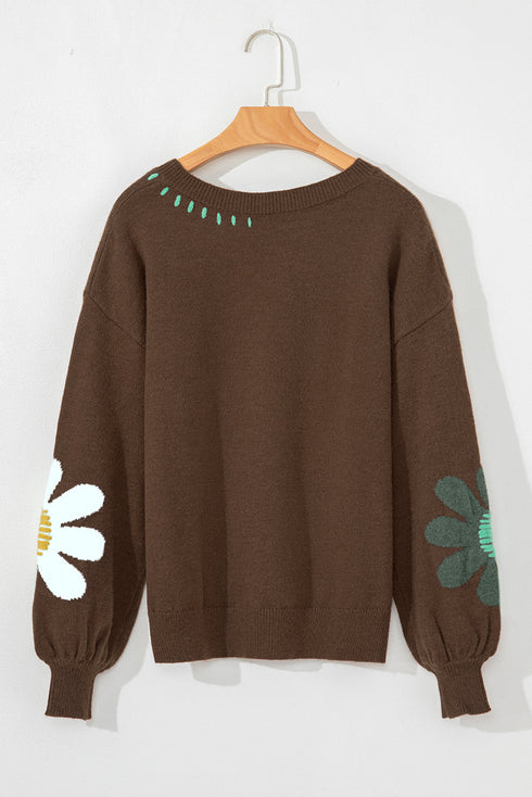 Slouchy Floral Knit V Neck Pullover Sweater