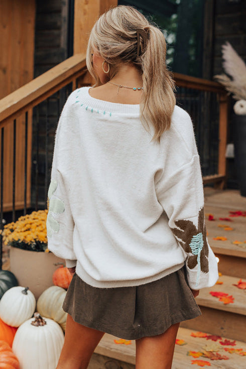 Slouchy Floral Knit V Neck Pullover Sweater