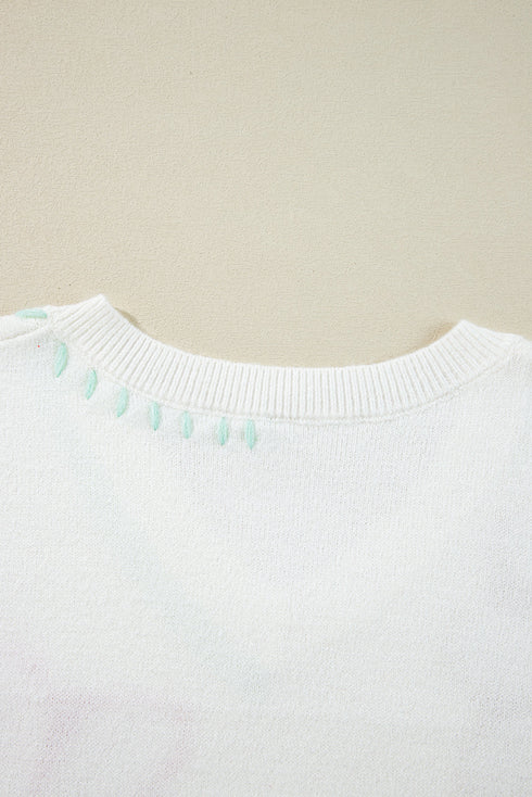 Slouchy Floral Knit V Neck Pullover Sweater