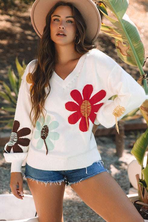 Slouchy Floral Knit V Neck Pullover Sweater