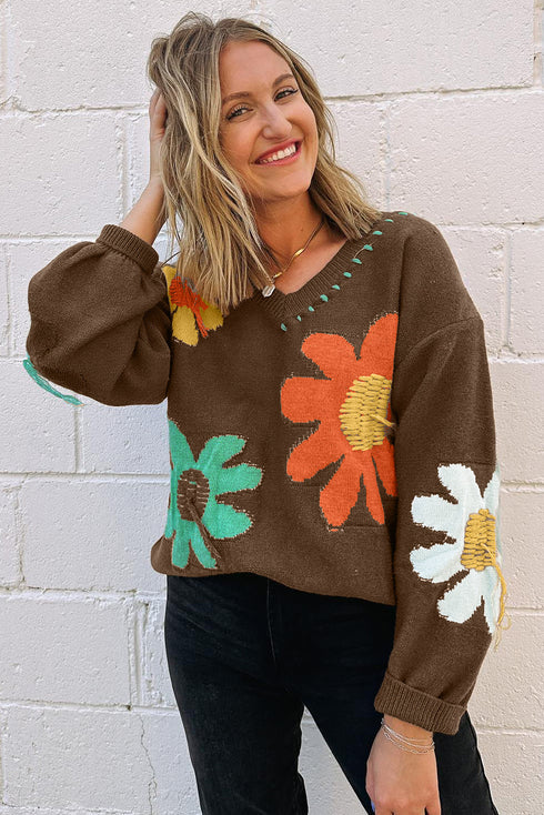 Slouchy Floral Knit V Neck Pullover Sweater