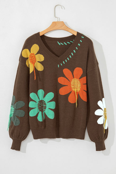 Slouchy Floral Knit V Neck Pullover Sweater