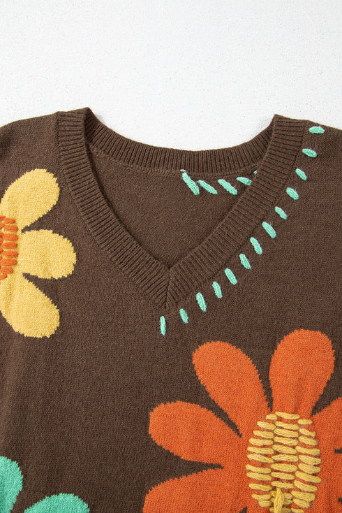 Slouchy Floral Knit V Neck Pullover Sweater
