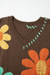 Slouchy Floral Knit V Neck Pullover Sweater