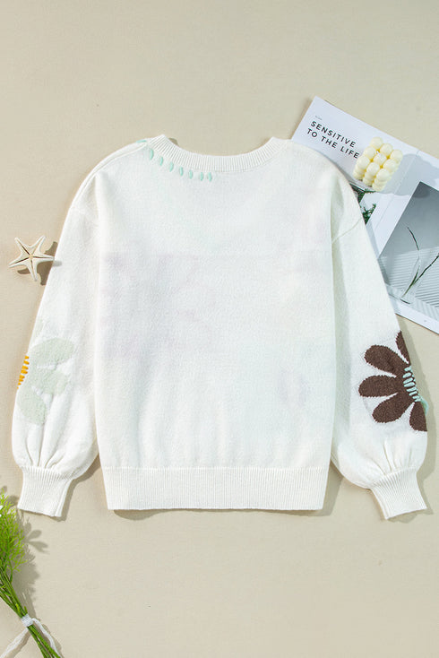 Slouchy Floral Knit V Neck Pullover Sweater