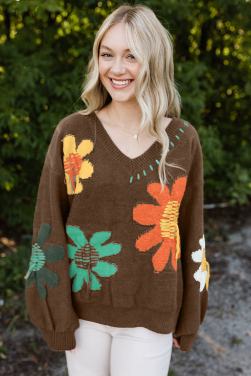 Slouchy Floral Knit V Neck Pullover Sweater