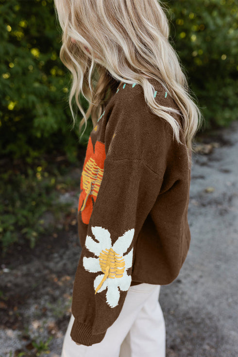 Slouchy Floral Knit V Neck Pullover Sweater
