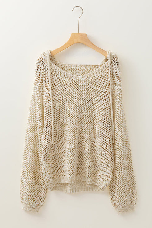 Slouchy Open Mesh Knit Kangaroo Pocket Hoodie