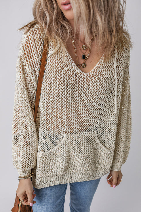 Slouchy Open Mesh Knit Kangaroo Pocket Hoodie