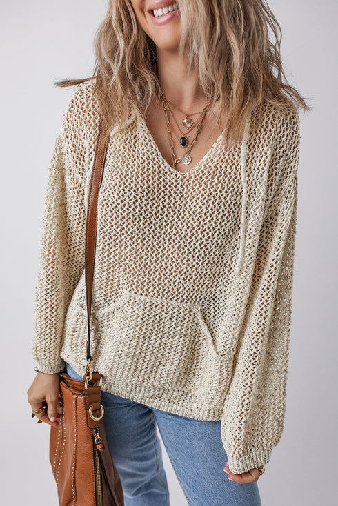 Slouchy Open Mesh Knit Kangaroo Pocket Hoodie