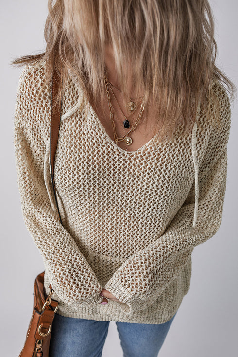 Slouchy Open Mesh Knit Kangaroo Pocket Hoodie