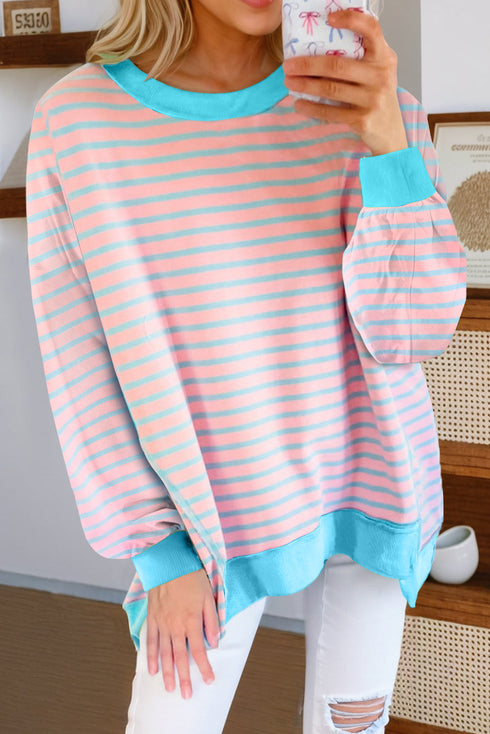 Slouchy Striped Exposed Seam Oversized Pullover Sweatshirt